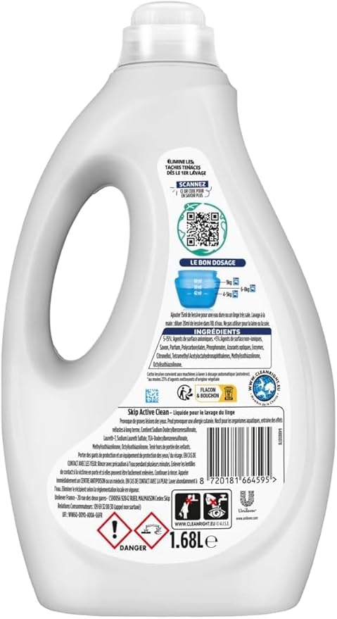 SKIP - Lessive Liquide Active Clean - Propreté Impeccable - Fraîcheur Longue Durée - Détache les vêtements tout en respectant fibres et couleurs - Lot de 3x40 lavages