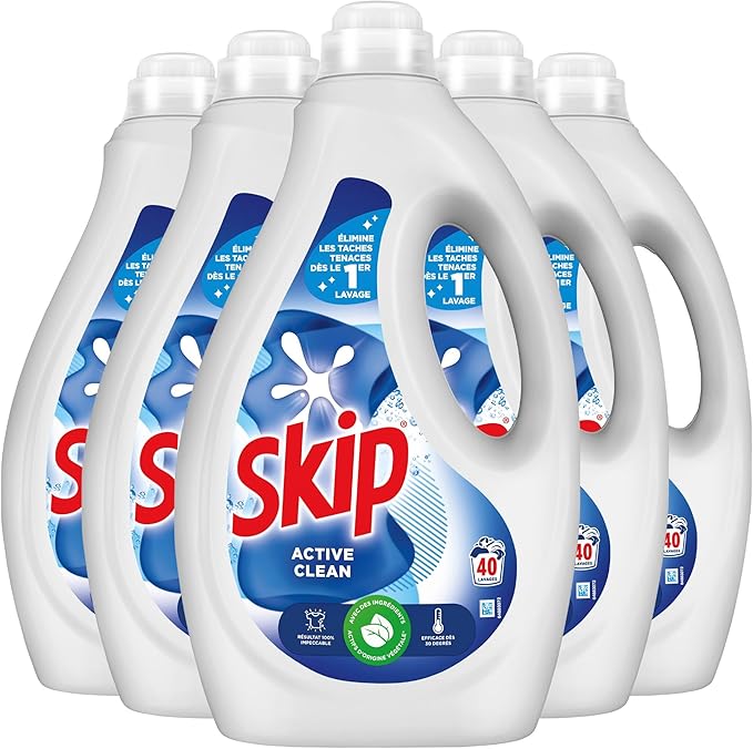SKIP - Lessive Liquide Active Clean - Propreté Impeccable - Fraîcheur Longue Durée - Détache les vêtements tout en respectant fibres et couleurs - Lot de 3x40 lavages